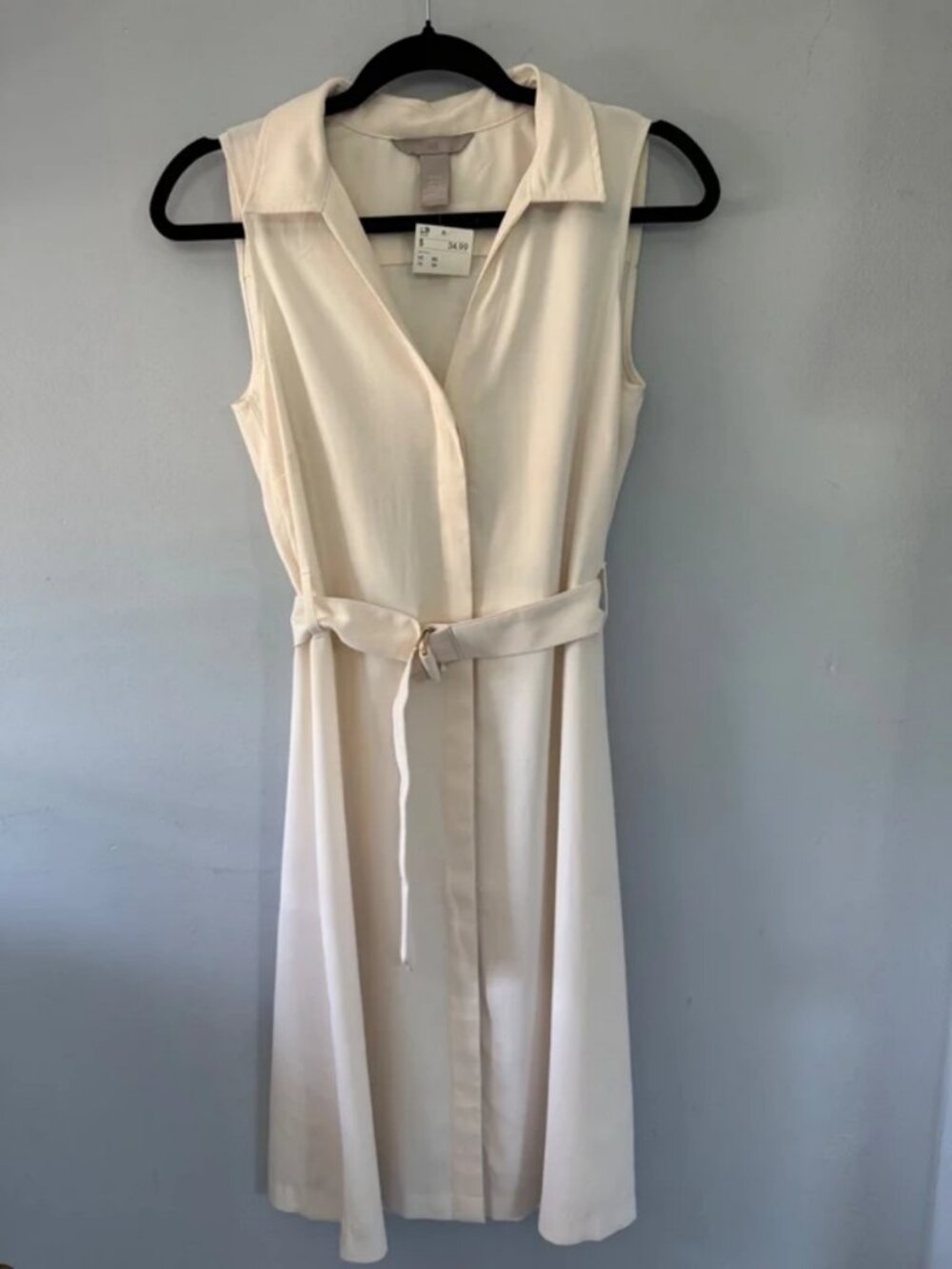 H&M Sleeveless Cream Belted Shirt Dress US XS